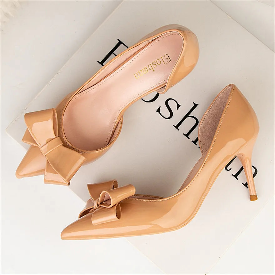 Sweet Bowtie Shallow High Heels Shoes Women Autumn Pointed Toe Green Patent Leather Pumps Sexy Hollow Ladies Dress Party Shoes