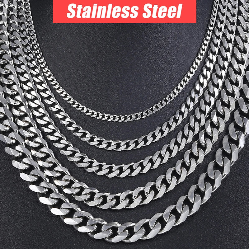 Punk Size 2-7mm Mens Curb Cuban Link Chain Stainless Steel Necklace Women Silver Color Male Jewelry Gifts For Hiphop Boy