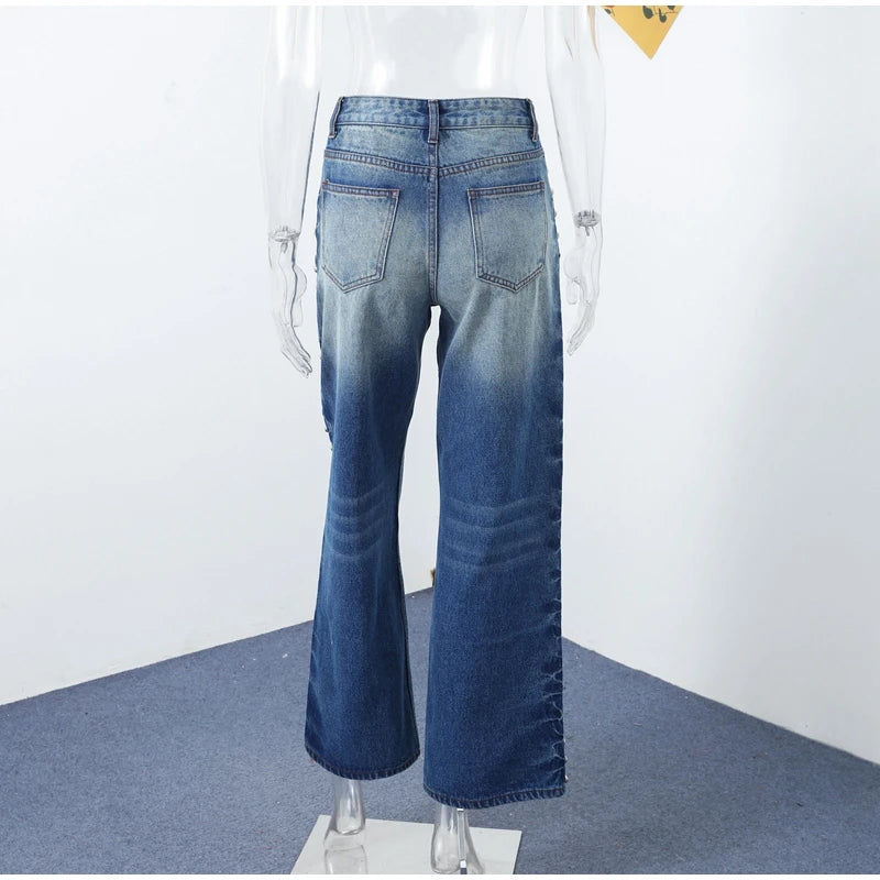 Chic Women's Sides Studs Decorate Denim Jeans Pant High Waist Wide Leg Pants Female 2025 New Trendy Streetwear Luxury Trousers