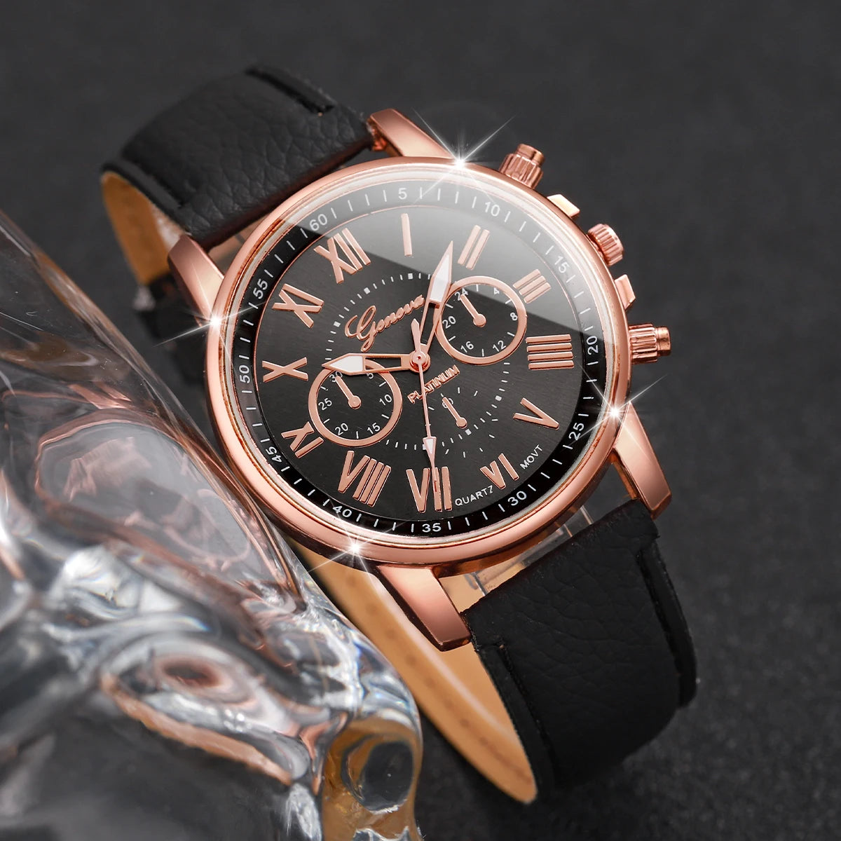 6PCs/Set Women's Watch Set Unique College Style Design Roman Leather Quartz Watch Bracelet Set