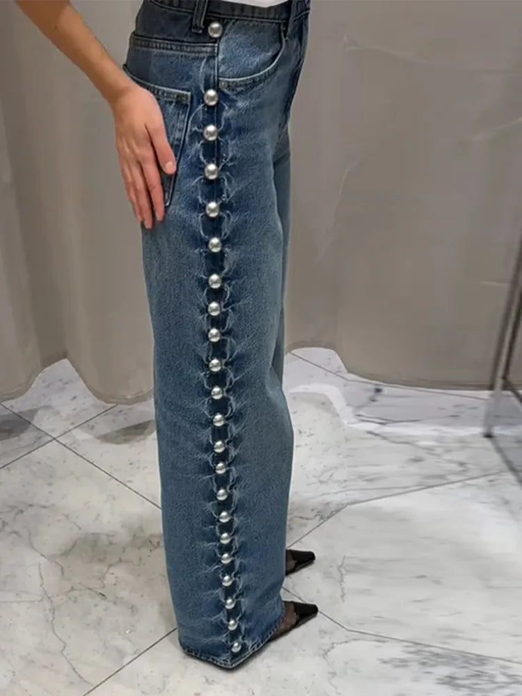 Chic Women's Sides Studs Decorate Denim Jeans Pant High Waist Wide Leg Pants Female 2025 New Trendy Streetwear Luxury Trousers