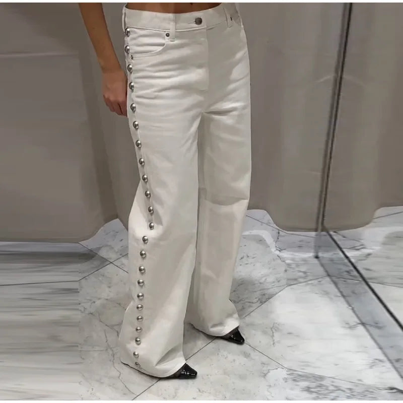 Chic Women's Sides Studs Decorate Denim Jeans Pant High Waist Wide Leg Pants Female 2025 New Trendy Streetwear Luxury Trousers