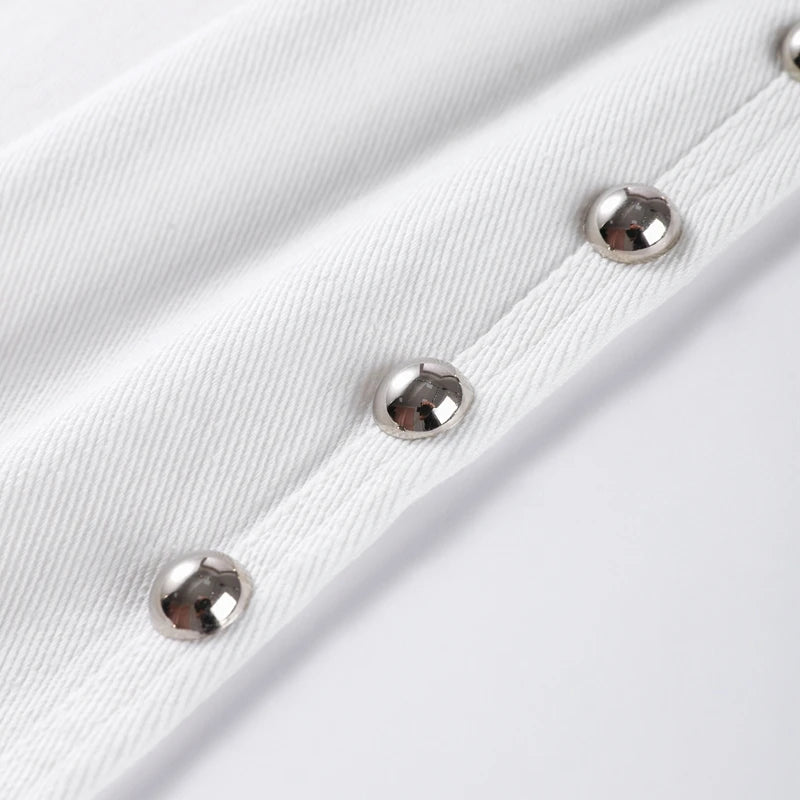 Chic Women's Sides Studs Decorate Denim Jeans Pant High Waist Wide Leg Pants Female 2025 New Trendy Streetwear Luxury Trousers