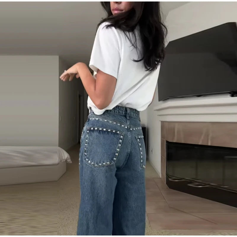 Chic Women's Sides Studs Decorate Denim Jeans Pant High Waist Wide Leg Pants Female 2025 New Trendy Streetwear Luxury Trousers