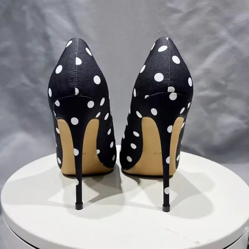 Tikicup Polka Dot Women Black Satin Stiletto High Heels with Bowknot Chic Ladies Designer Dress Shoes Pointed Toe Silk Pumps
