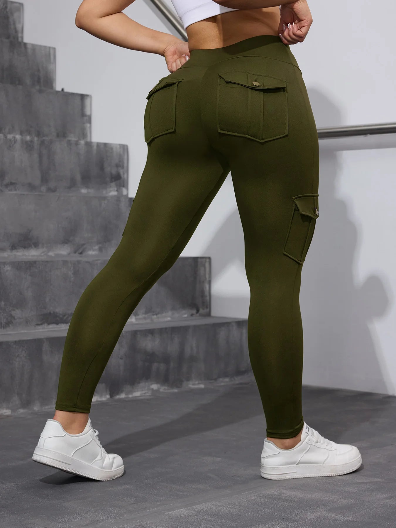 Women High-Waisted Tummy Control Yoga Leggings ,4 Button PocketsCargo Sports Pants For Workout, Running, Fitness
