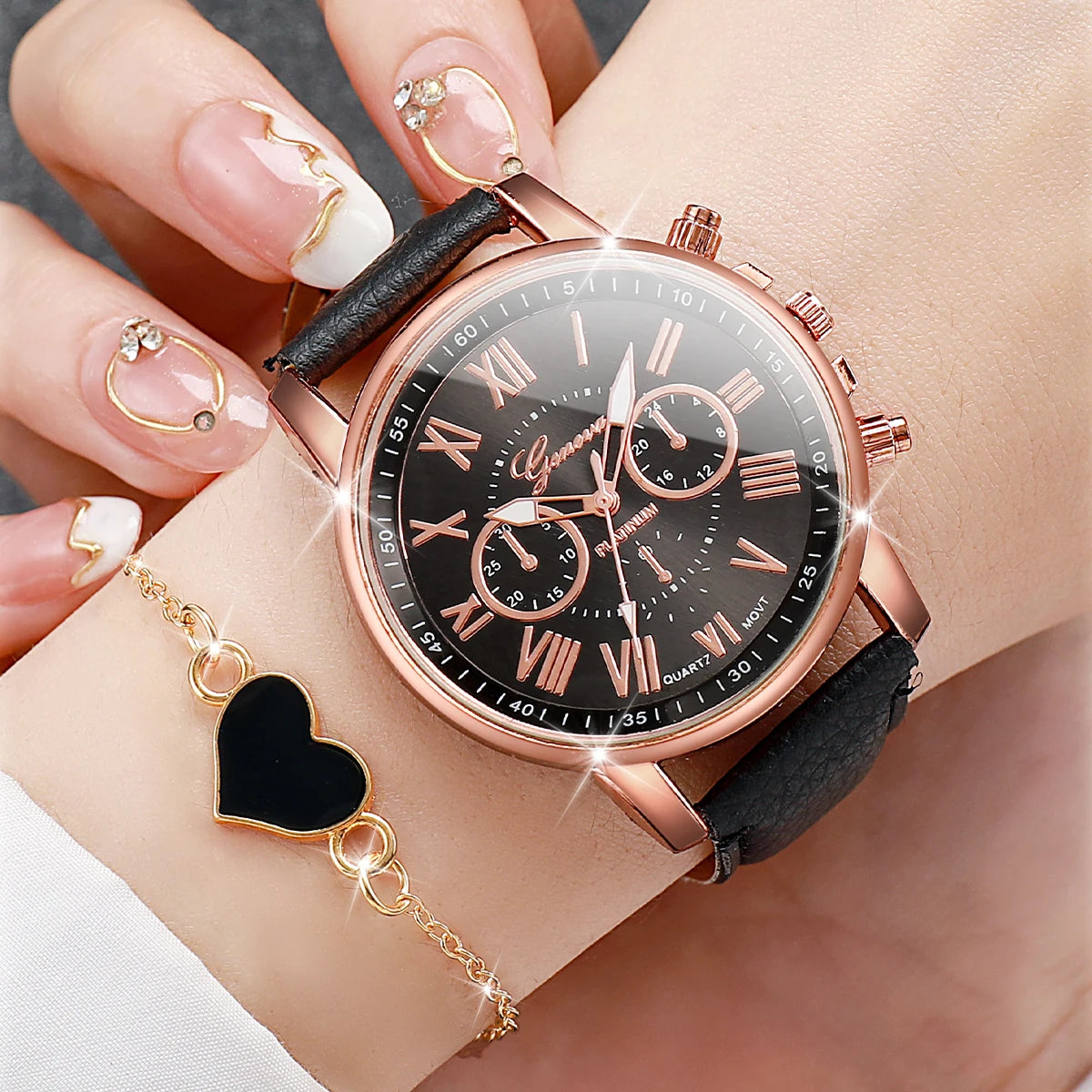 6PCs/Set Women's Watch Set Unique College Style Design Roman Leather Quartz Watch Bracelet Set