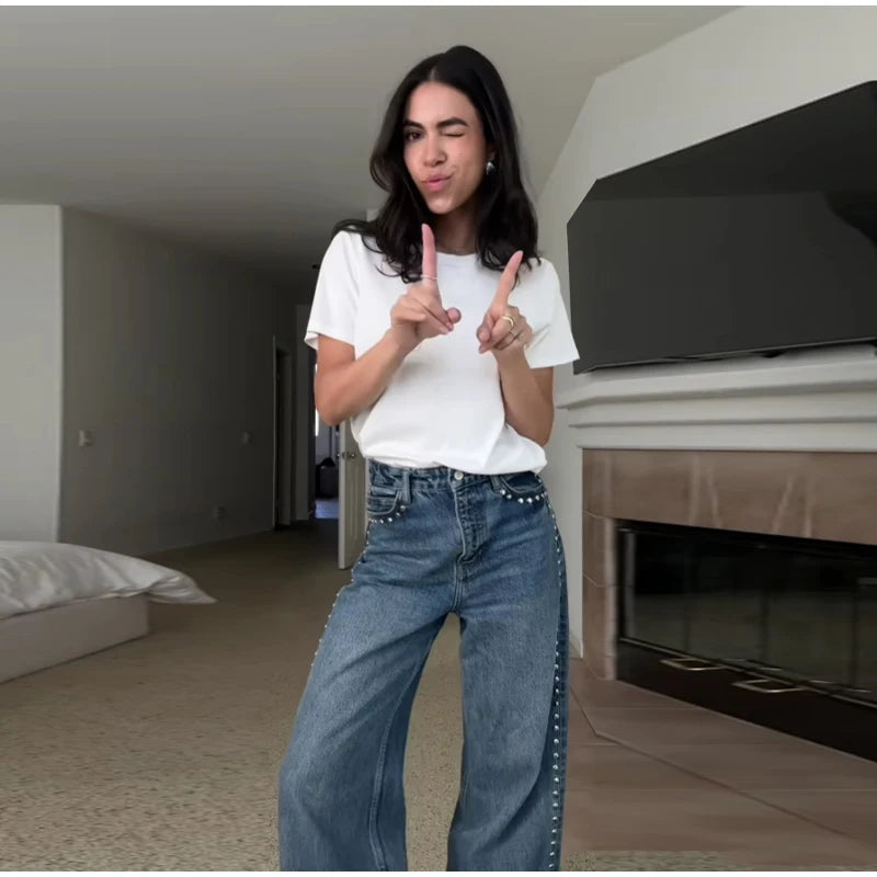 Chic Women's Sides Studs Decorate Denim Jeans Pant High Waist Wide Leg Pants Female 2025 New Trendy Streetwear Luxury Trousers