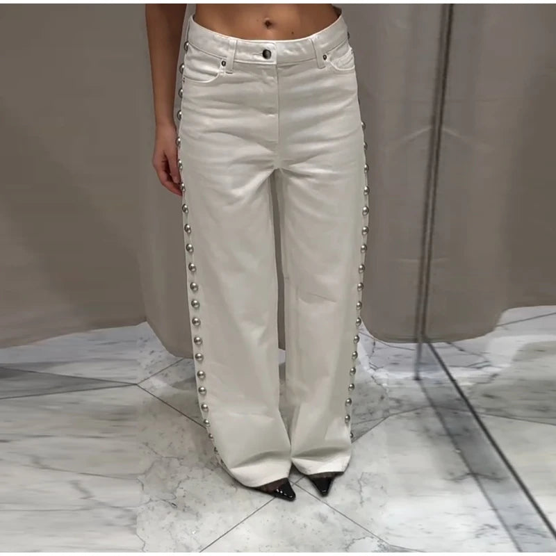 Chic Women's Sides Studs Decorate Denim Jeans Pant High Waist Wide Leg Pants Female 2025 New Trendy Streetwear Luxury Trousers