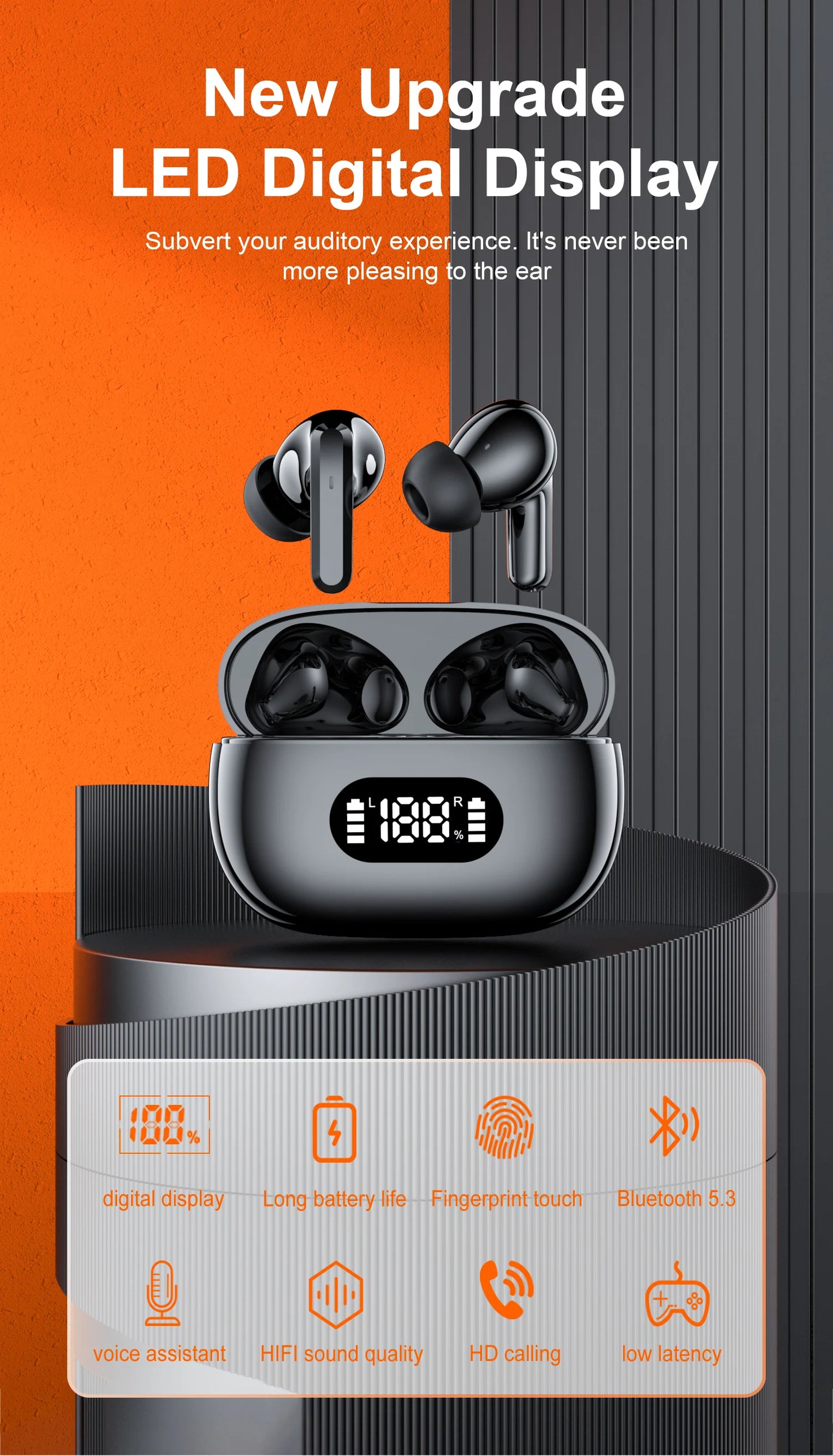 Wireless Bluetooth Headset Bluetooth Earphones with Charging Case Touch Control Bluetooth 5.3 Headphones with Display