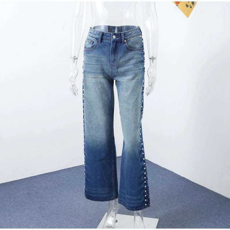 Chic Women's Sides Studs Decorate Denim Jeans Pant High Waist Wide Leg Pants Female 2025 New Trendy Streetwear Luxury Trousers