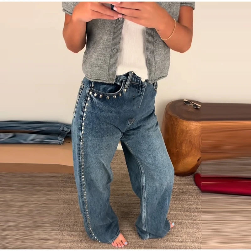 Chic Women's Sides Studs Decorate Denim Jeans Pant High Waist Wide Leg Pants Female 2025 New Trendy Streetwear Luxury Trousers