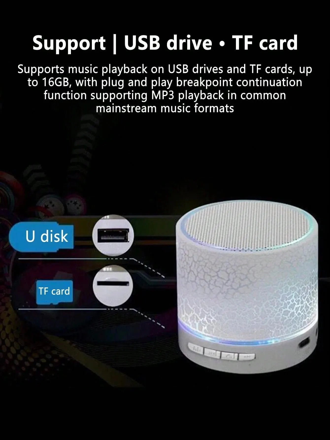 Wireless Mini Speaker, Subwoofer, Dazzle Crackle 7 Colour Light Wireless Mini Speaker, Portable Small Speaker