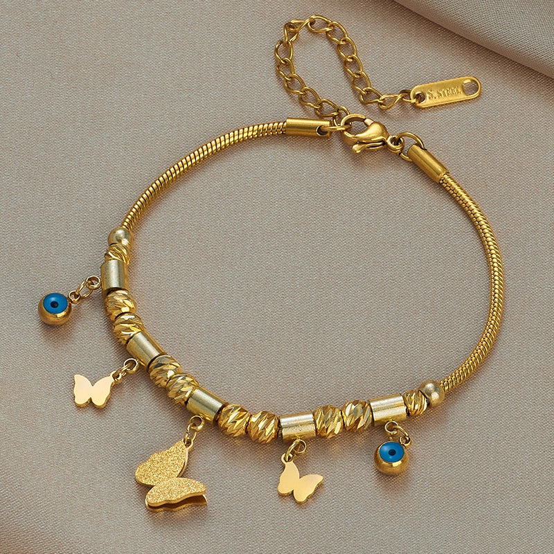 DIEYURO 316 Stainless Steel Butterfly Lightning Green Stone Charm Bracelet For Women Vintage Girls Multilayer Wrist Jewelry Gift