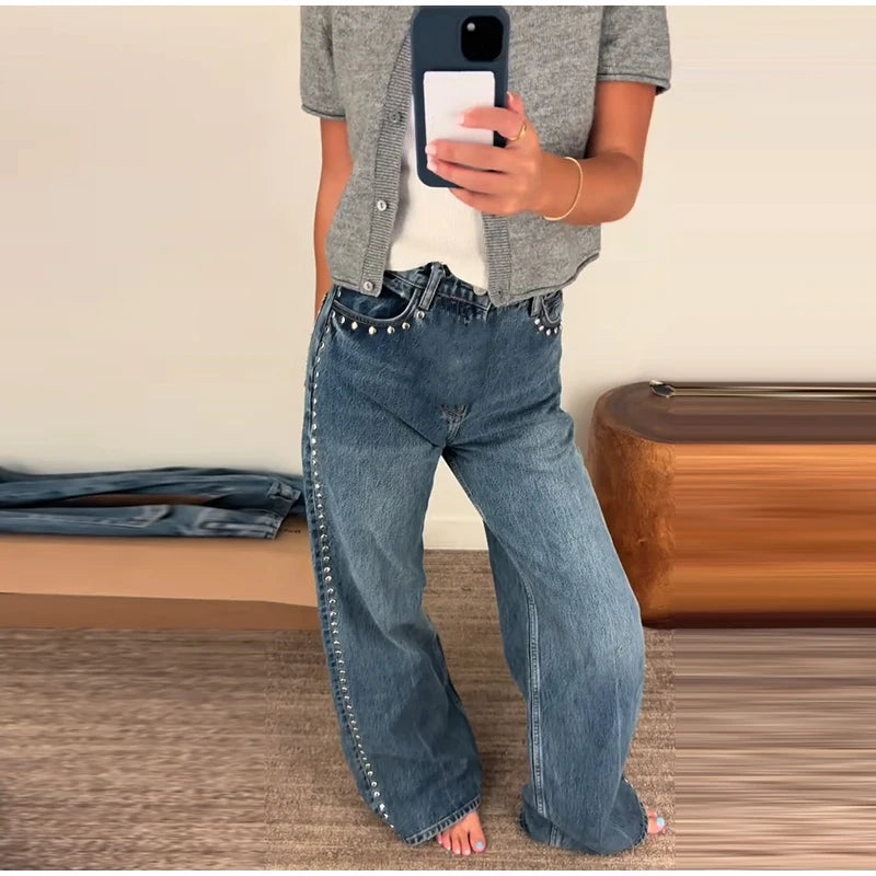 Chic Women's Sides Studs Decorate Denim Jeans Pant High Waist Wide Leg Pants Female 2025 New Trendy Streetwear Luxury Trousers
