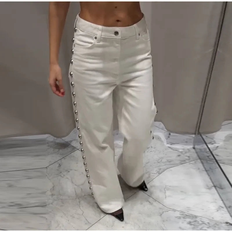 Chic Women's Sides Studs Decorate Denim Jeans Pant High Waist Wide Leg Pants Female 2025 New Trendy Streetwear Luxury Trousers