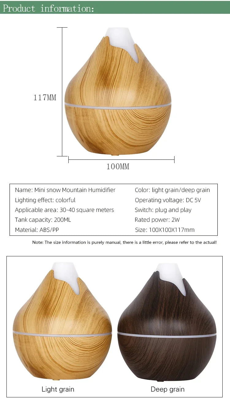 350ML Aromatherapy Essential Oil Diffuser Wood Grain Remote Control Ultrasonic Air Humidifier Cool with 7 Color LED Light