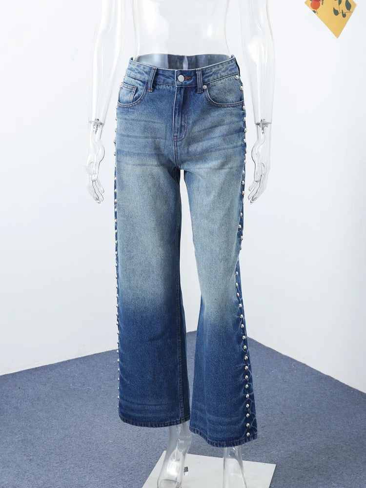 Chic Women's Sides Studs Decorate Denim Jeans Pant High Waist Wide Leg Pants Female 2025 New Trendy Streetwear Luxury Trousers