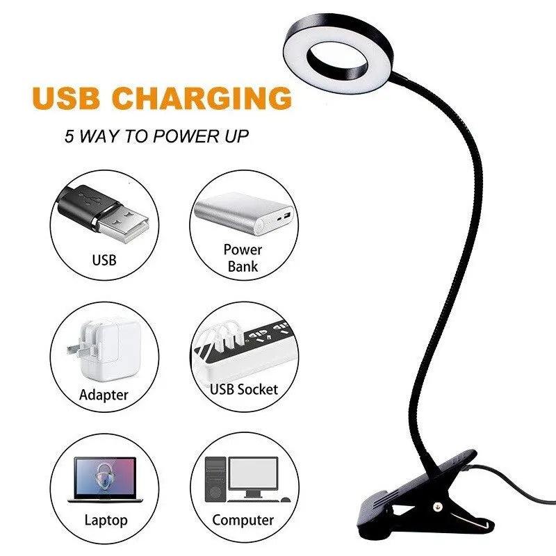 48 LEDs Desk Lamp USB Rechargeable Clip Book Light Flexible Eye Protection Reading Light 3 Level Brightness Adjustable