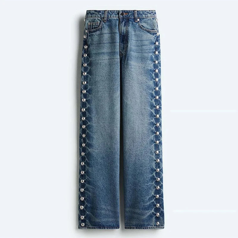 Chic Women's Sides Studs Decorate Denim Jeans Pant High Waist Wide Leg Pants Female 2025 New Trendy Streetwear Luxury Trousers