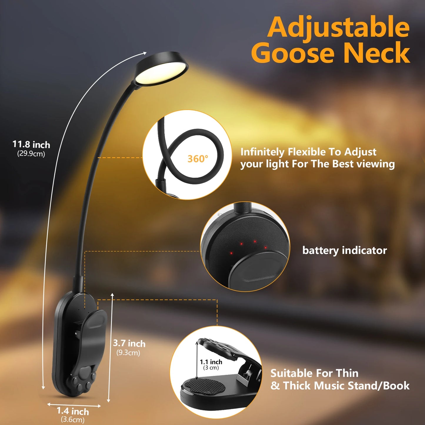 LED dimmable wireless desk lamp, USB rechargeable reading light, LED night light, laptop light, foldable book clip light