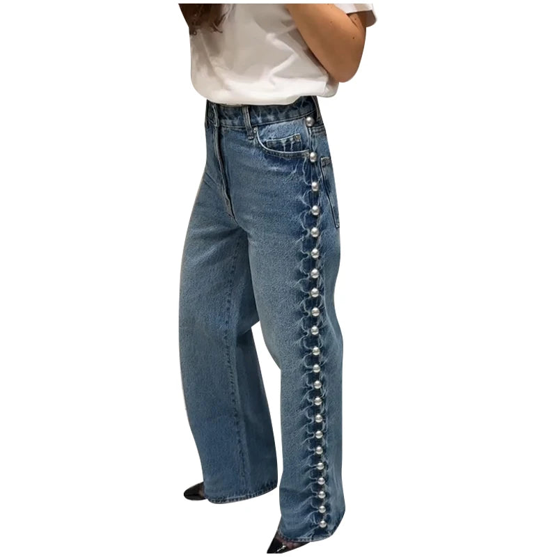 Chic Women's Sides Studs Decorate Denim Jeans Pant High Waist Wide Leg Pants Female 2025 New Trendy Streetwear Luxury Trousers
