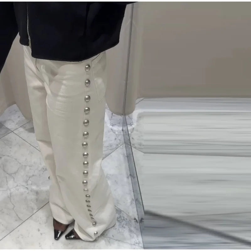 Chic Women's Sides Studs Decorate Denim Jeans Pant High Waist Wide Leg Pants Female 2025 New Trendy Streetwear Luxury Trousers