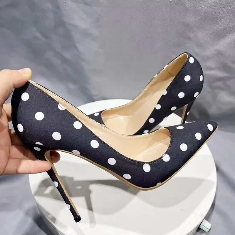 Tikicup Polka Dot Women Black Satin Stiletto High Heels with Bowknot Chic Ladies Designer Dress Shoes Pointed Toe Silk Pumps