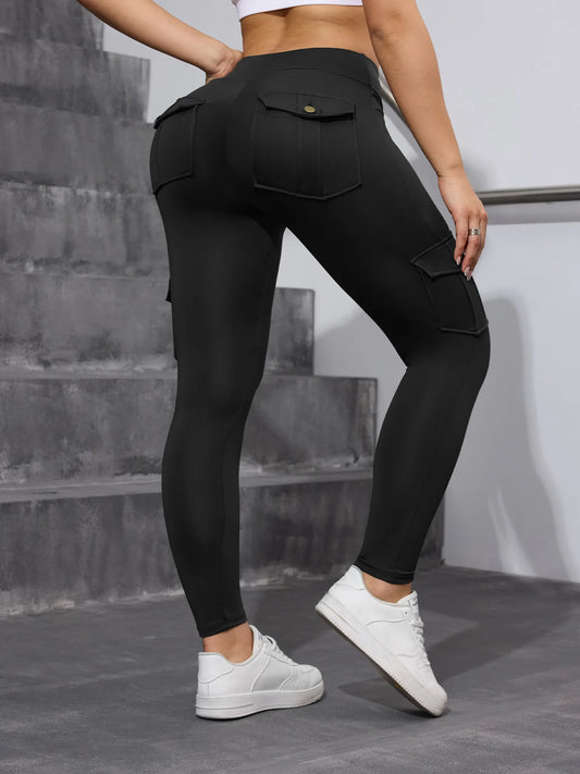 Women High-Waisted Tummy Control Yoga Leggings ,4 Button PocketsCargo Sports Pants For Workout, Running, Fitness