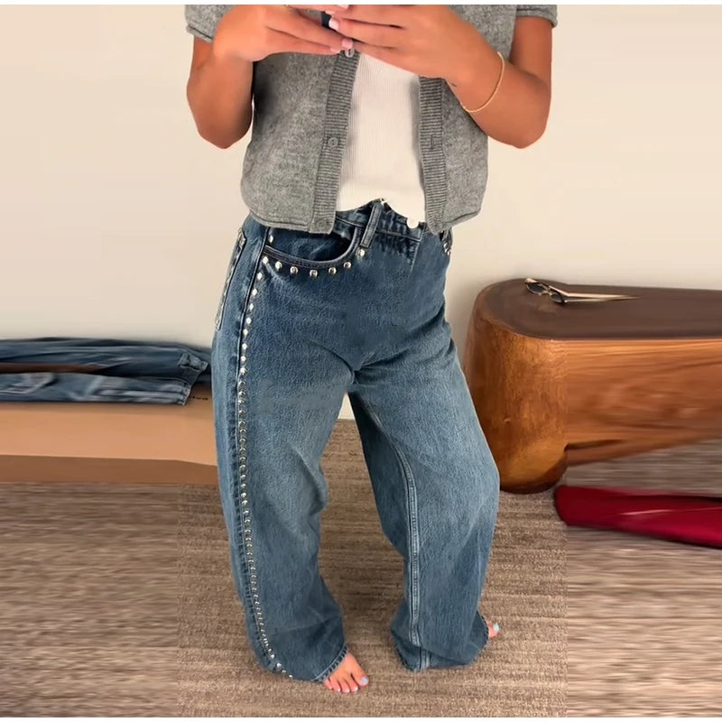 Chic Women's Sides Studs Decorate Denim Jeans Pant High Waist Wide Leg Pants Female 2025 New Trendy Streetwear Luxury Trousers