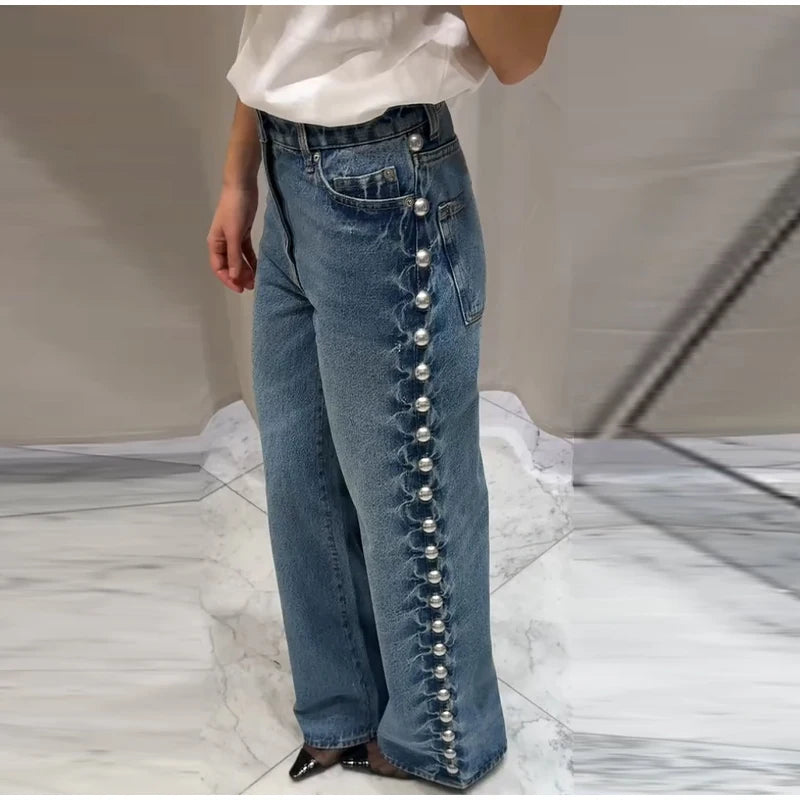 Chic Women's Sides Studs Decorate Denim Jeans Pant High Waist Wide Leg Pants Female 2025 New Trendy Streetwear Luxury Trousers