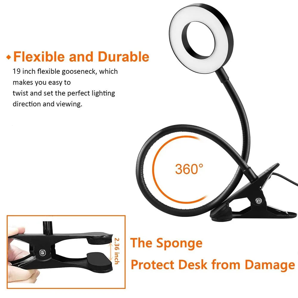 48 LEDs Desk Lamp USB Rechargeable Clip Book Light Flexible Eye Protection Reading Light 3 Level Brightness Adjustable