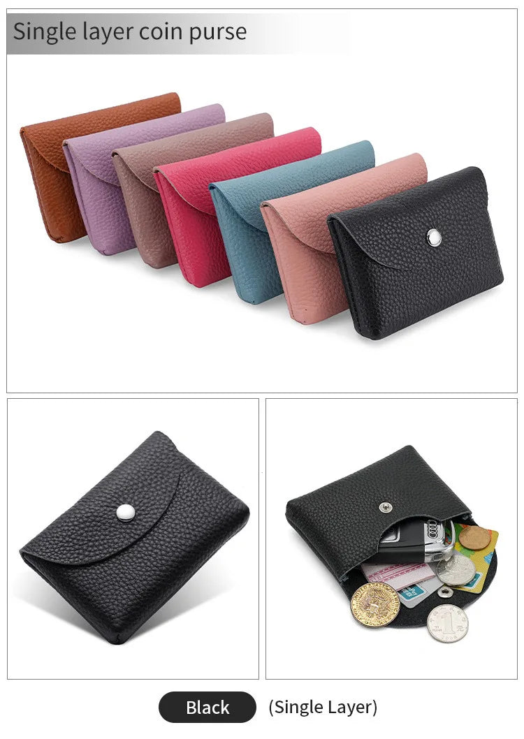 Genuine Leather Short Coin Wallets Card Holder Bag Case Portable Retro Cowhide Small Money Purse For Men Women Earphone Pouch