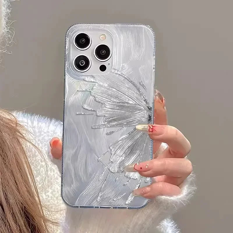 Luxury Laser Silver Butterfly Phone Case for iPhone 15 Pro Max 14 13 12 11 XS XR X 7 8 Plus SE 2020 2022 SE2 SE3 Silicone Cover