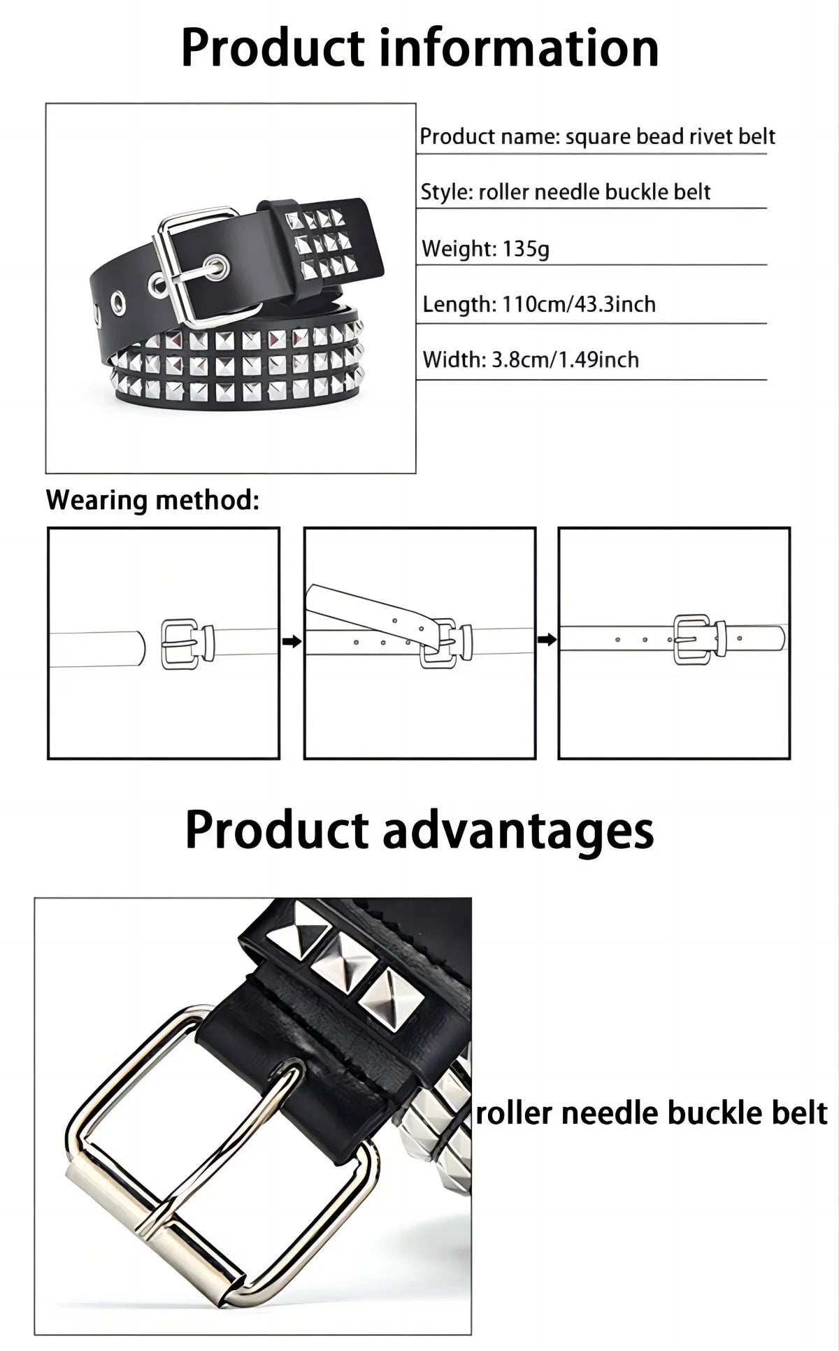 2024New Square Bead Rivet Belt Metal Pyramid Belt Men and Women Punk Hardware Jeans Belt Y2K Belt Designer Belt Women's Belts