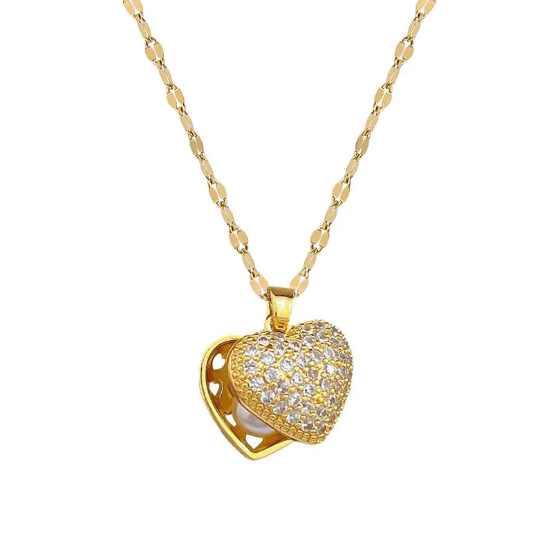 Exquisite Micro-inlaid Heart Pearl Necklace, Fashion and Cute, Light and Luxurious Hollow Stainless Steel Pendant