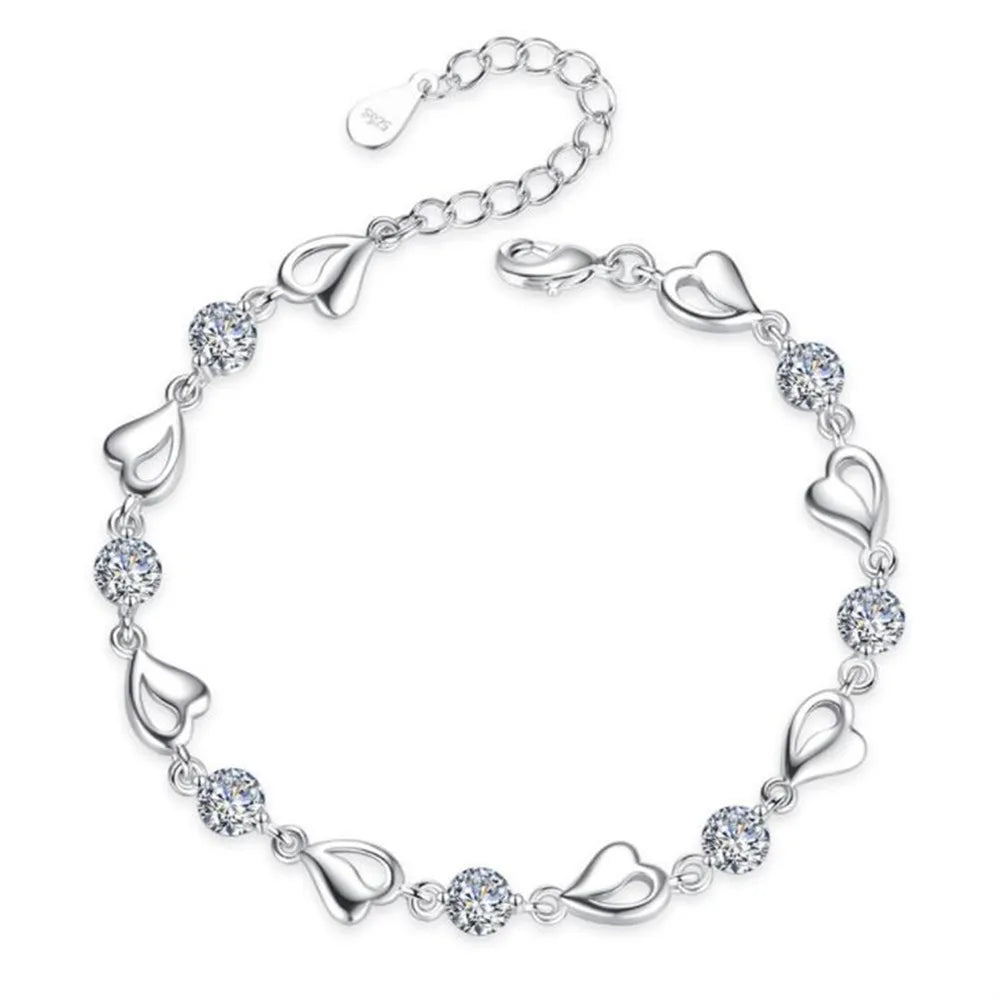 JewelryTop Store 925 Sterling Silver Bracelet Jewelry High Quality Retro Heart Wedding Shaped Cubic Zirconia Length 17CM+4CM