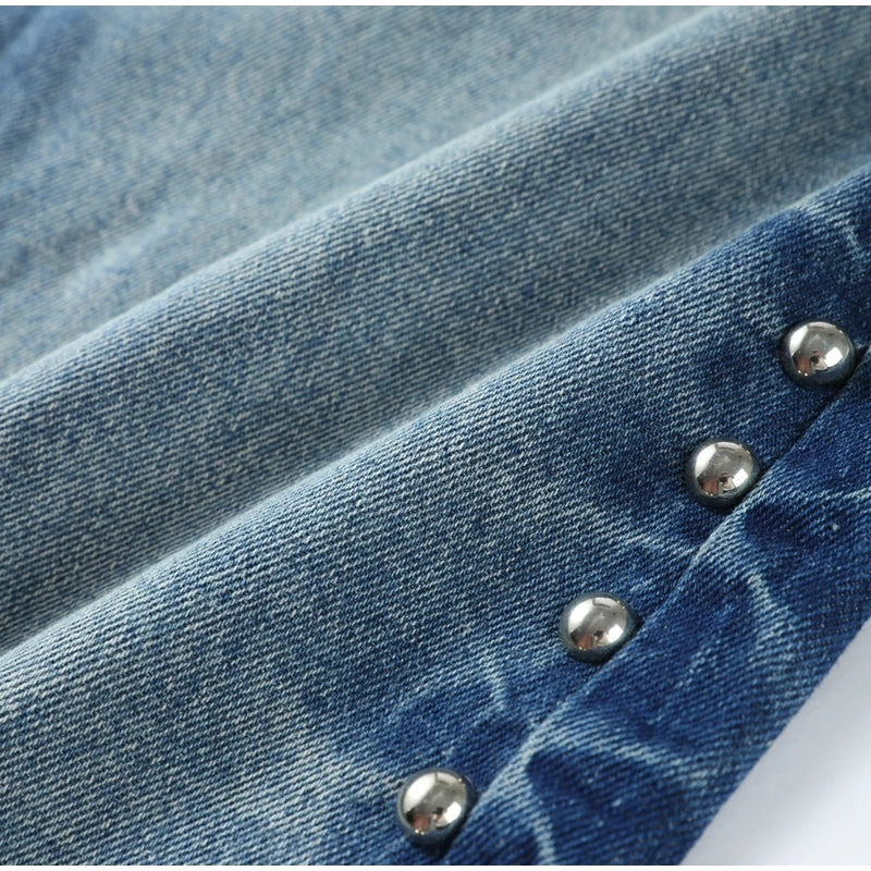 Chic Women's Sides Studs Decorate Denim Jeans Pant High Waist Wide Leg Pants Female 2025 New Trendy Streetwear Luxury Trousers