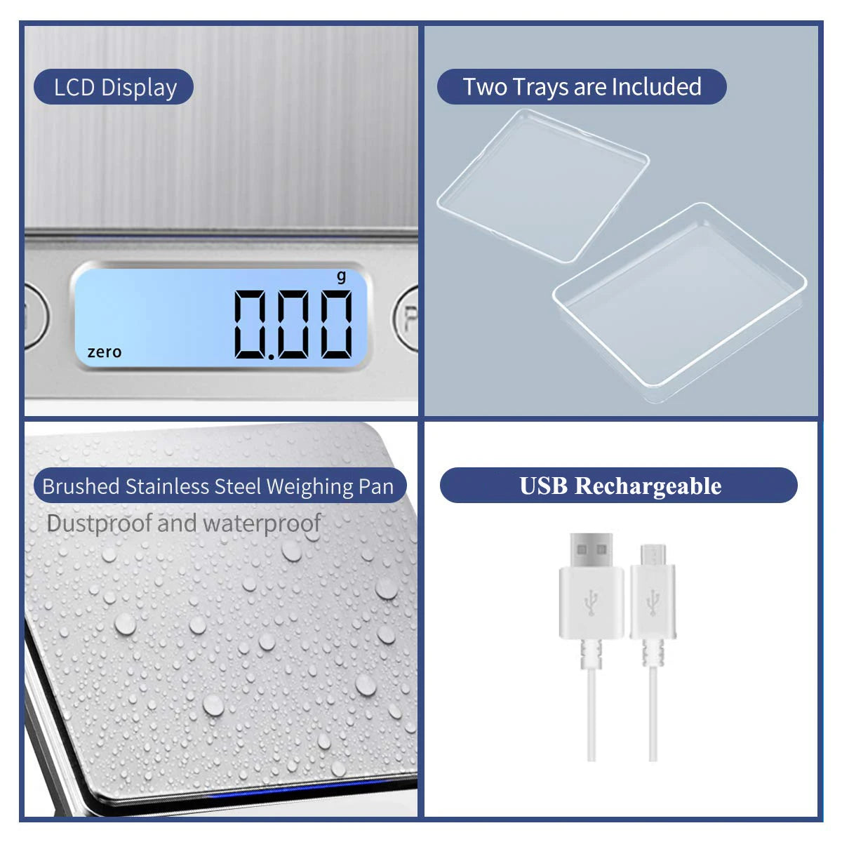 Digital Kitchen Scale 3000g/ 0.1g USB Charging with 2 Trays Home Mini Jewelry Pocket Scale with LCD Display Digital Food Scales