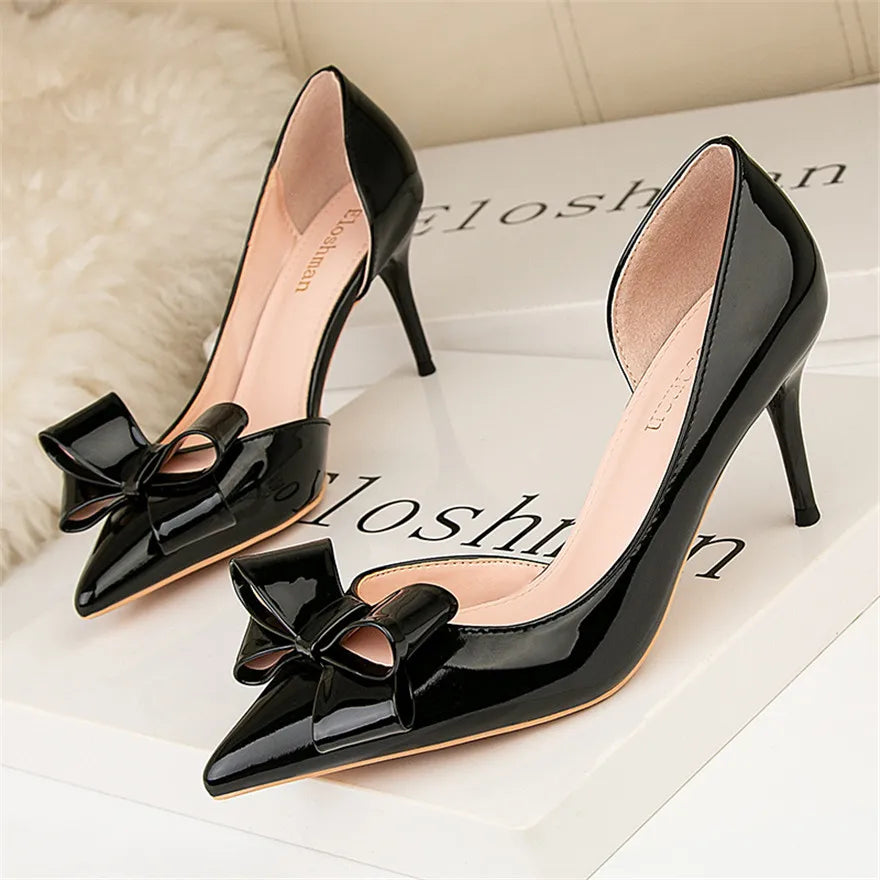 Sweet Bowtie Shallow High Heels Shoes Women Autumn Pointed Toe Green Patent Leather Pumps Sexy Hollow Ladies Dress Party Shoes