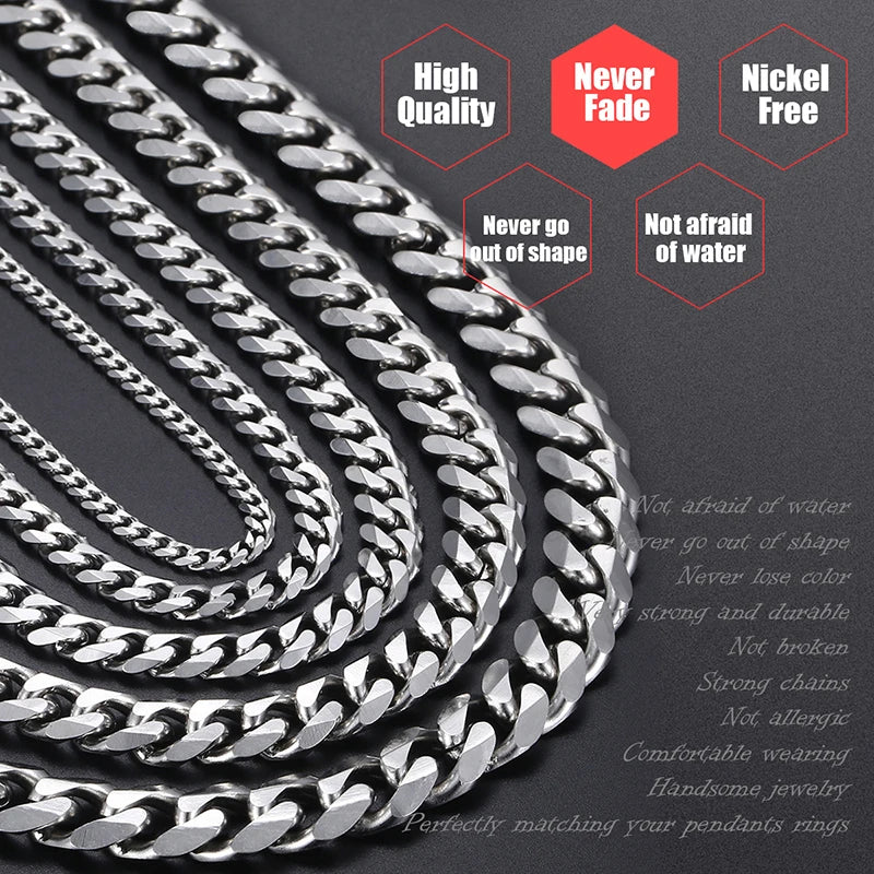 Punk Size 2-7mm Mens Curb Cuban Link Chain Stainless Steel Necklace Women Silver Color Male Jewelry Gifts For Hiphop Boy
