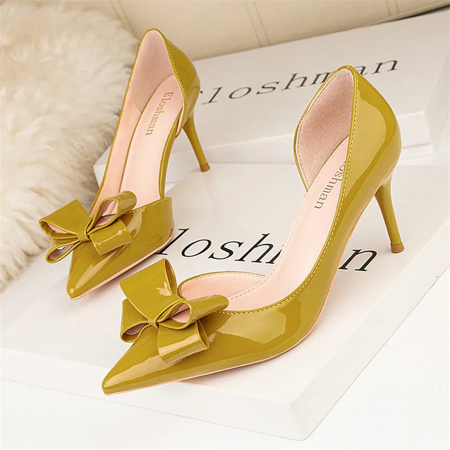 Sweet Bowtie Shallow High Heels Shoes Women Autumn Pointed Toe Green Patent Leather Pumps Sexy Hollow Ladies Dress Party Shoes