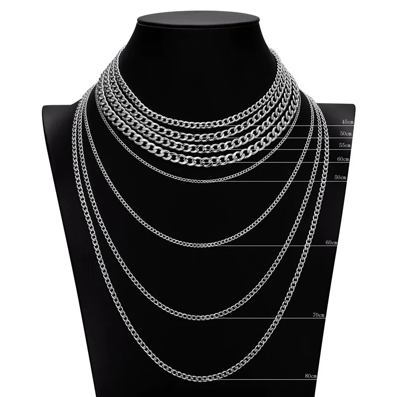 Punk Size 2-7mm Mens Curb Cuban Link Chain Stainless Steel Necklace Women Silver Color Male Jewelry Gifts For Hiphop Boy
