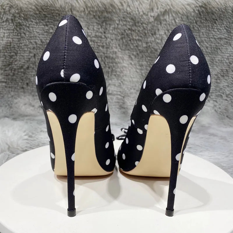 Tikicup Polka Dot Women Black Satin Stiletto High Heels with Bowknot Chic Ladies Designer Dress Shoes Pointed Toe Silk Pumps