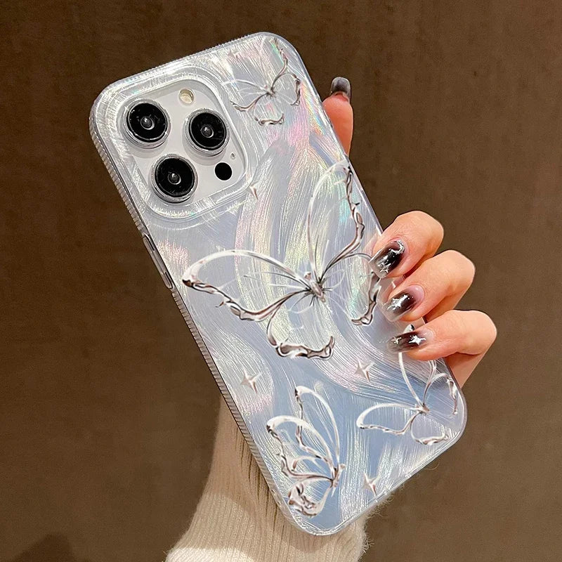Luxury Laser Silver Butterfly Phone Case for iPhone 15 Pro Max 14 13 12 11 XS XR X 7 8 Plus SE 2020 2022 SE2 SE3 Silicone Cover