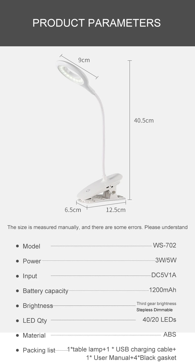 LED Desk Lamp Clip on Type USB Charging With Built In Lithium Battery Touch Dimming Student Learning Reading Table Lamp