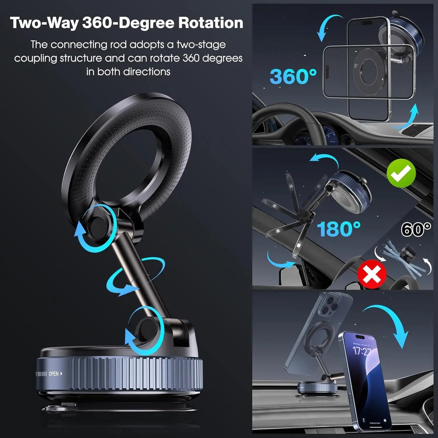Vacuum Magnetic Suction Phone Holder, Foldable and Retractable Hands-Free Suction Cup Phone Mount for Car/Gym/Mirror/Smooth