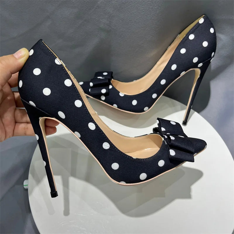 Tikicup Polka Dot Women Black Satin Stiletto High Heels with Bowknot Chic Ladies Designer Dress Shoes Pointed Toe Silk Pumps