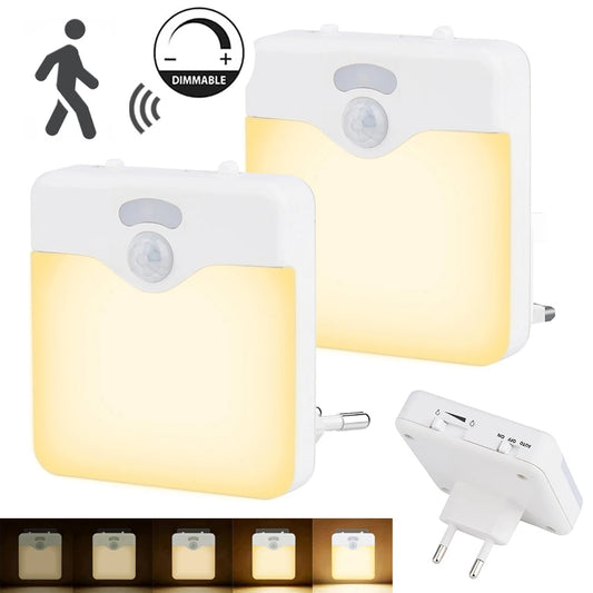 Motion Sensor LED Night Light UK EU Plug Dimmable Wireless Lamp for Kids Room Energy Efficient Dusk to Dawn Sensor Stairway Lamp