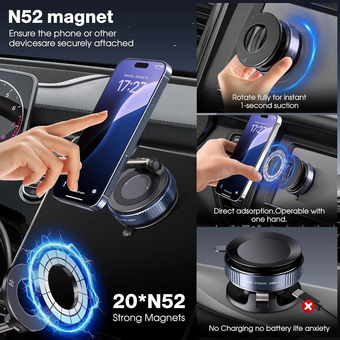 Vacuum Magnetic Suction Phone Holder, Foldable and Retractable Hands-Free Suction Cup Phone Mount for Car/Gym/Mirror/Smooth